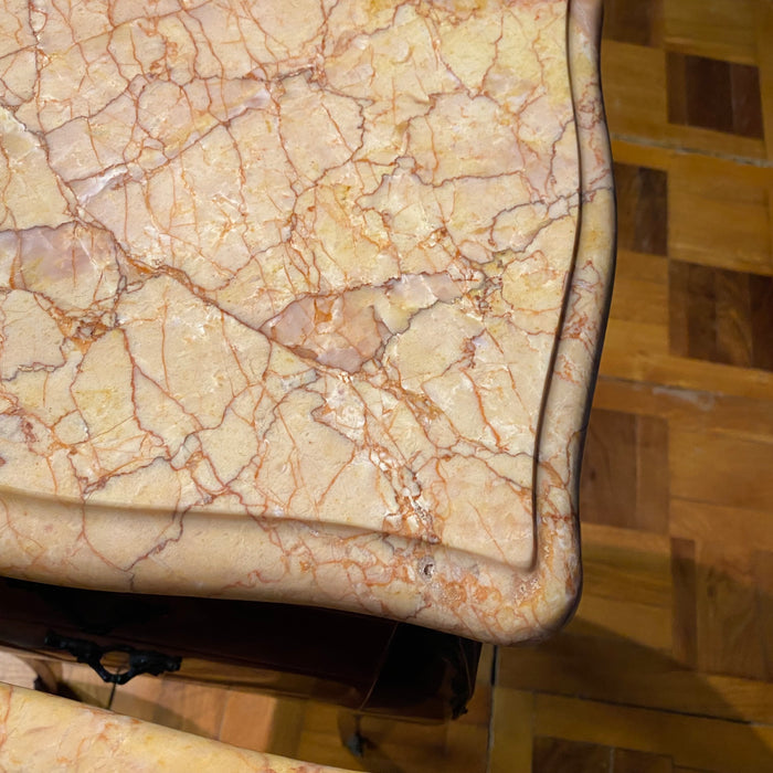 Pair French Louis XV Satinwood Nightstands with Inlaid Marquetry and Marble Tops