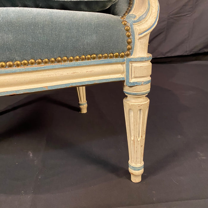 Pair of Antique French Louis XVI Armchairs or Bergere Chairs in Original White Paint and Blue Mohair Upholstery