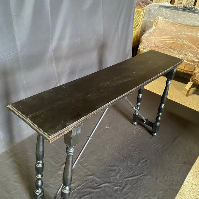 Pair of Ebony Spanish Console Table with Turned End Supports Joined by Iron Stretchers