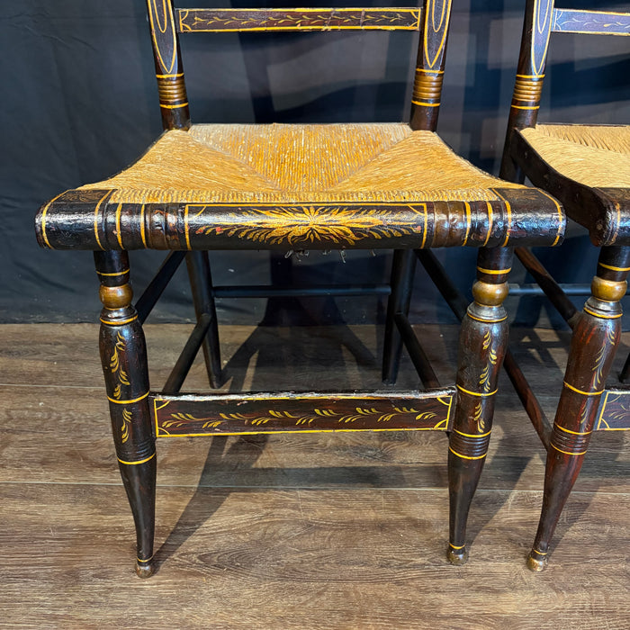 Early 19th Century American Painted Hitchcock-Style Side Chairs with Rush Seats and Gilt Stenciling