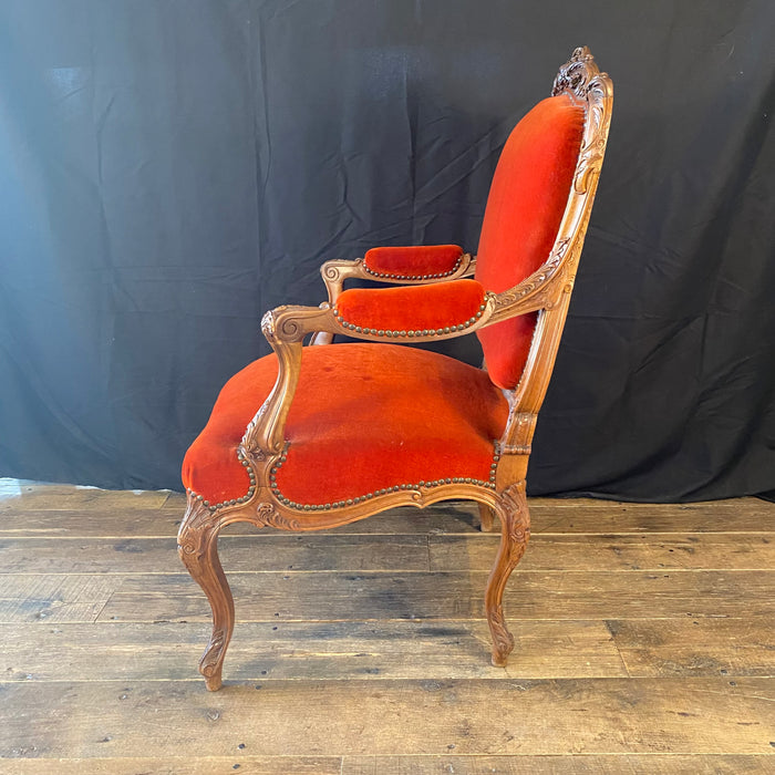 Pair of French Louis XV Intricately Carved Armchairs, Fauteuils or Parlor or Lounge Chairs with Original Fabulous Vermilion Red Mohair