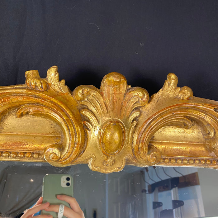 Antique French Louis Philippe Mirror with Crest and Original Gold Gilt Paint