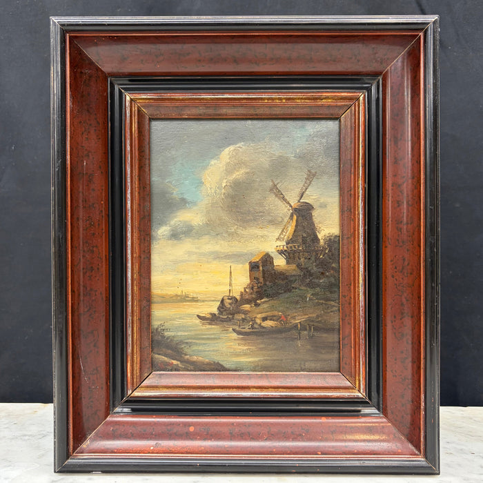 Antique Oil Painting Dutch School Landscape with Windmill on a Canal