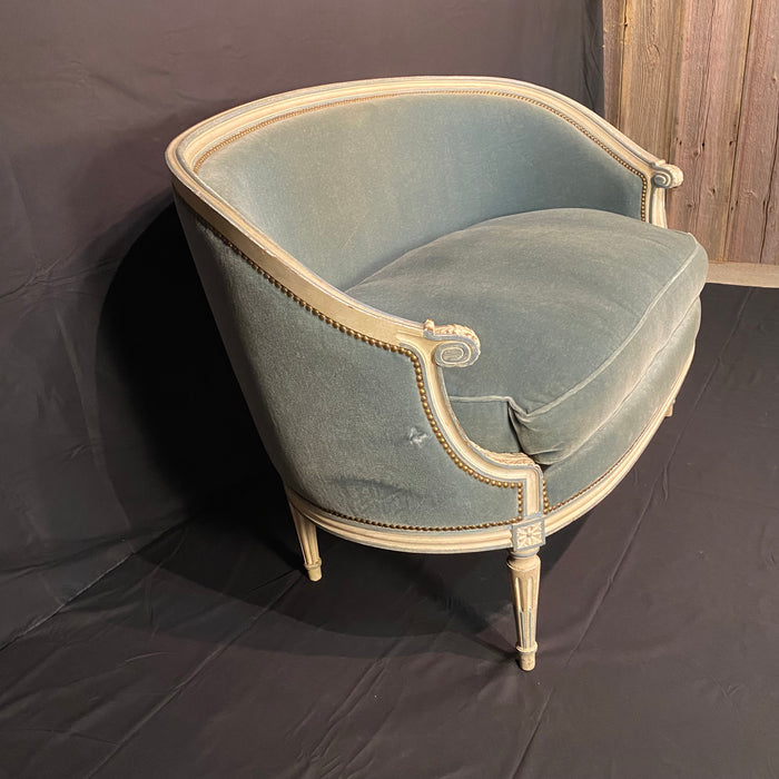 Antique French Louis XVI Sofa, Loveseat or Settee in Original White Paint and Blue Mohair Upholstery