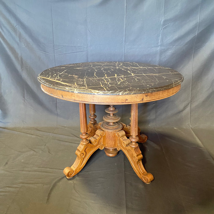 French Round Gueridon Marble Top Center Table, Dining Table or Accent Table with Carved Turned Pedestal Base