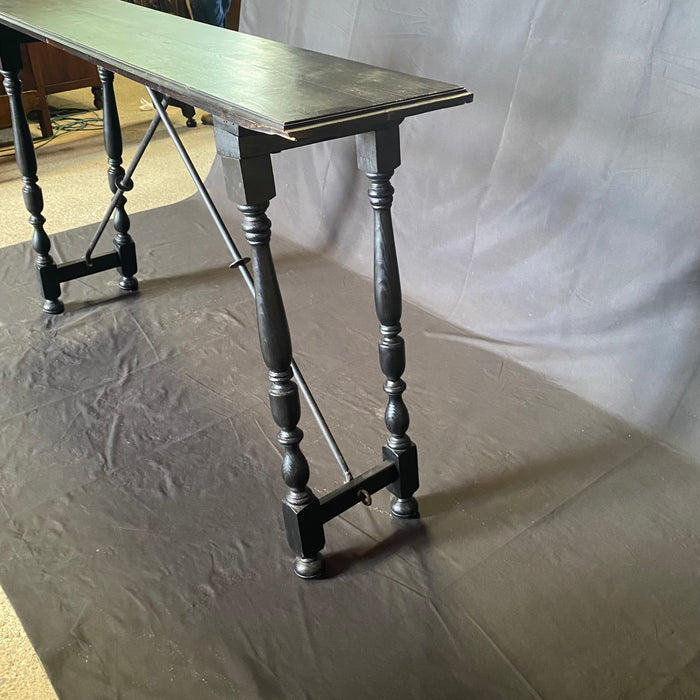 Ebony Spanish Console Table with Turned End Supports Joined by Iron Stretchers