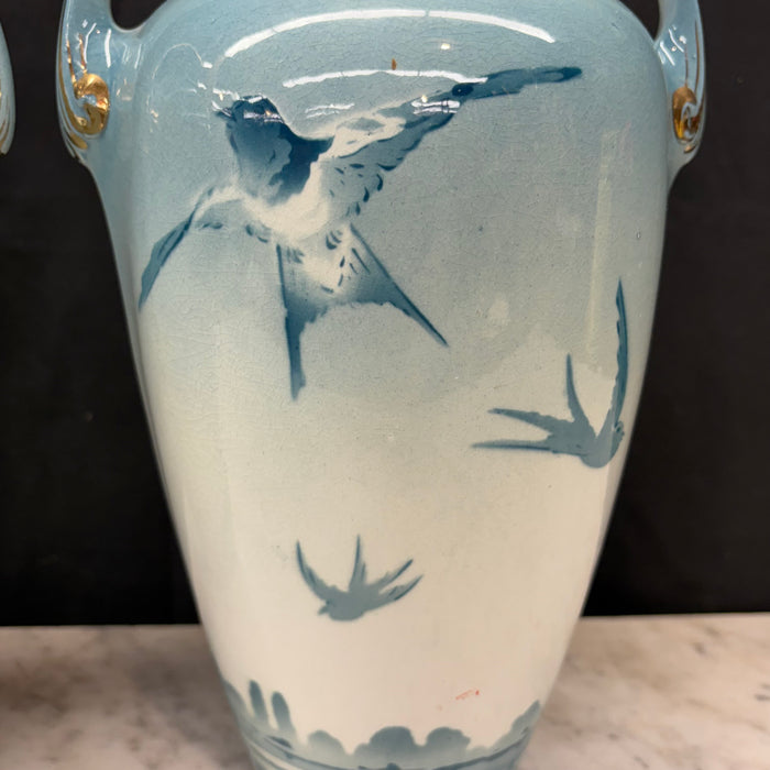 French Faience Three-Piece Vase and Jardinière Set with Swallows by Keller and Guerin