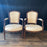 French Pair Louis XVI Carved Mahogany Fauteuil Arm Chairs