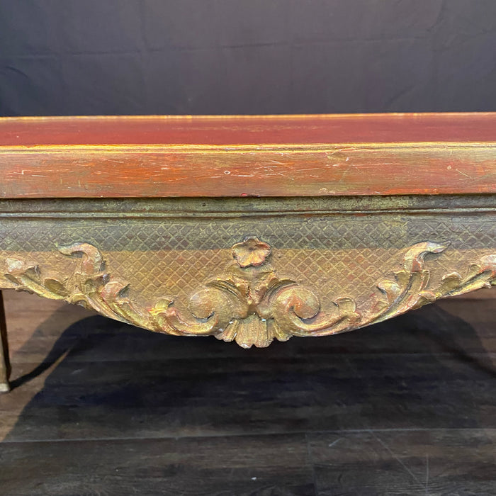 French Louis XV Coffee Table Gold Gilt Paint Carved with Leather Embossed Top