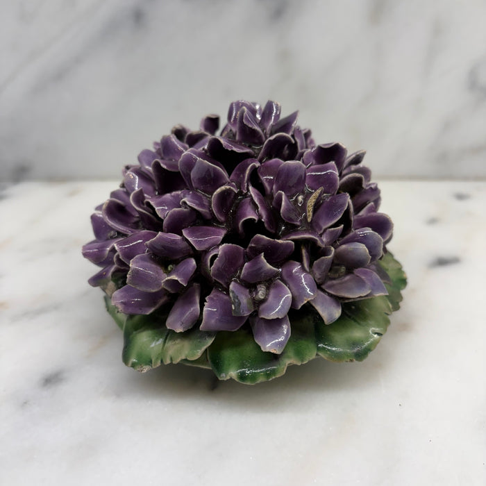 Antique French Purple Violet Porcelain Flower Bouquet with Green Leaves