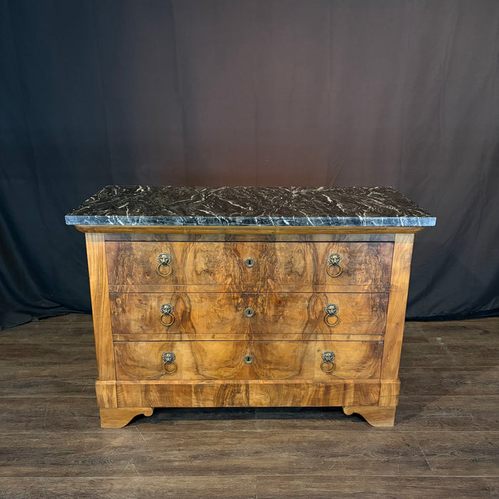 19th Century French Burled Wood Commode, Dresser or Chest of Drawers with Marble Top and Lion Pulls