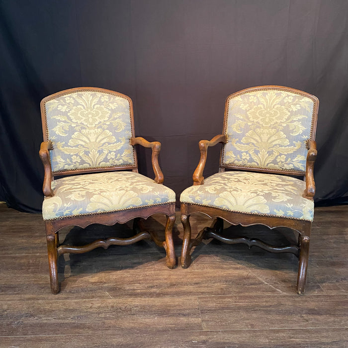 Antique French Pair Louis XIV Armchairs or Fauteuils with Os de Mouton Stretchers