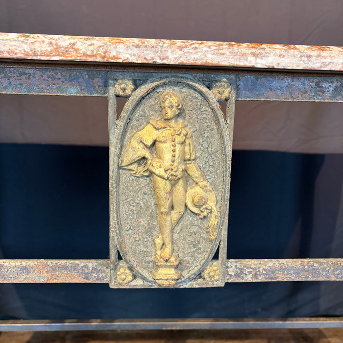 Stunning French Balcony Console Table with Marble Top & Gold Figural Wrought Iron Panel