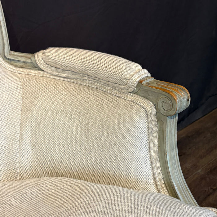 Pair of Antique French Louis XVI Carved and Painted Bergère Armchairs with New Upholstery