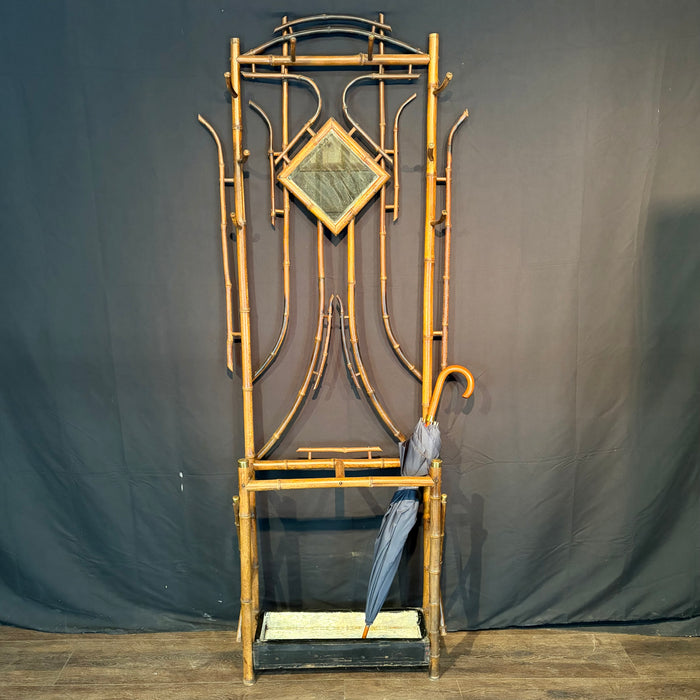 Antique Burnt Bamboo Hall Tree Coat Rack Umbrella Stand and Hat Rack with Mirror
