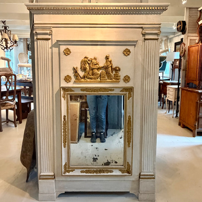 French Early 19th Century Louis XVI Period Trumeau Mirror with Pastoral Scene in Original Gold Gilt