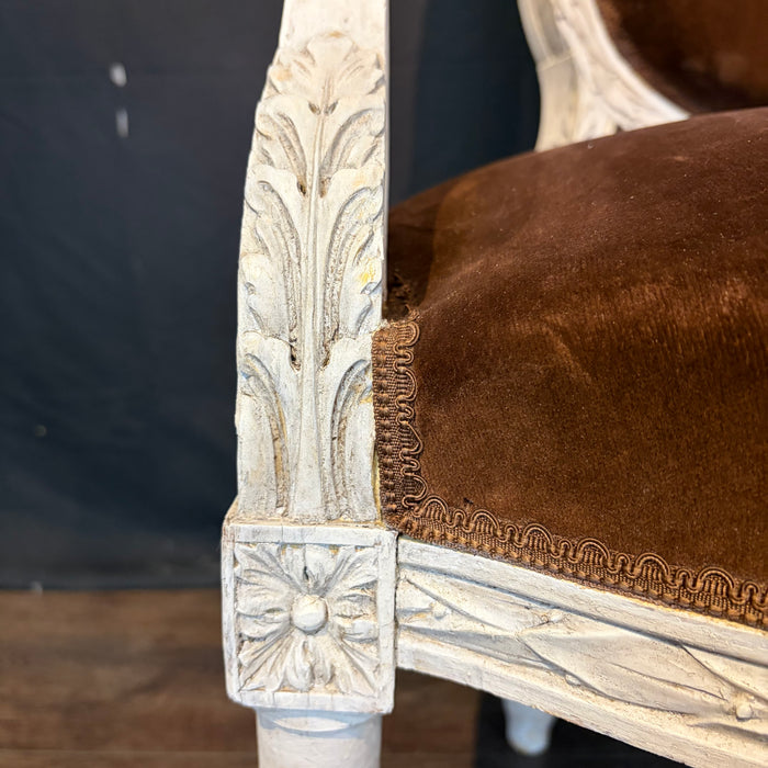 Pair of 19th Century French Louis XVI Carved and Painted Fauteuil Armchairs with Exceptional Carving