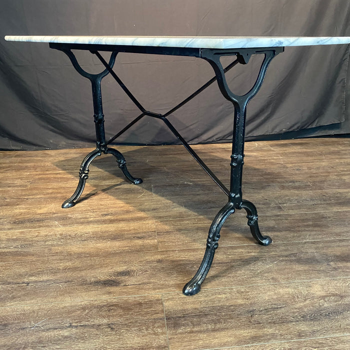 French Cafe Table or Bistro Table with Cast Iron Base and Carrera Marble Top