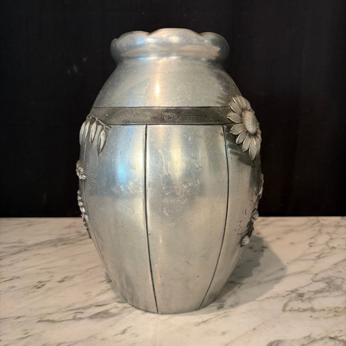 French Art Deco Pewter Floral Vase Signed by Lucien Houzeaux