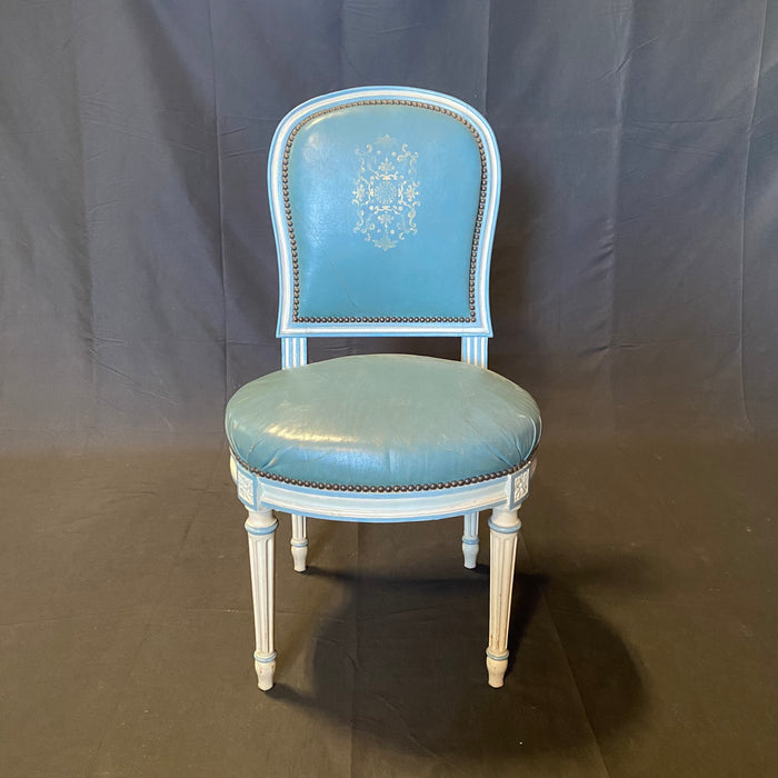 Fine Set of 6 Blue Leather Gold Embossed French Louis XVI Painted Dining Chairs