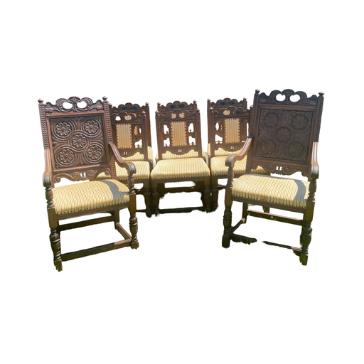 Antique Set of 8 British Jacobean Style Carved Oak Dining Chairs: 2 Arm Chairs and 6 Side Chairs