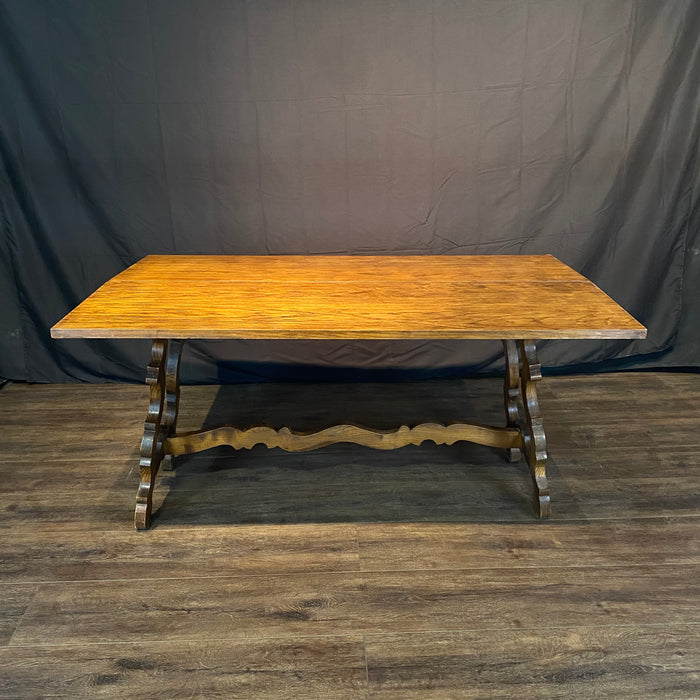French Console Table or Dining Table with Carved Trestle Base and Folding Solid Oak Top
