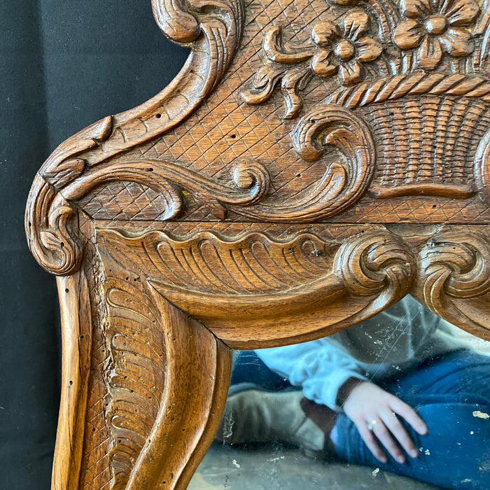 19th Century French Carved Provincial Wooden Walnut Mirror with Floral and Wave Motif