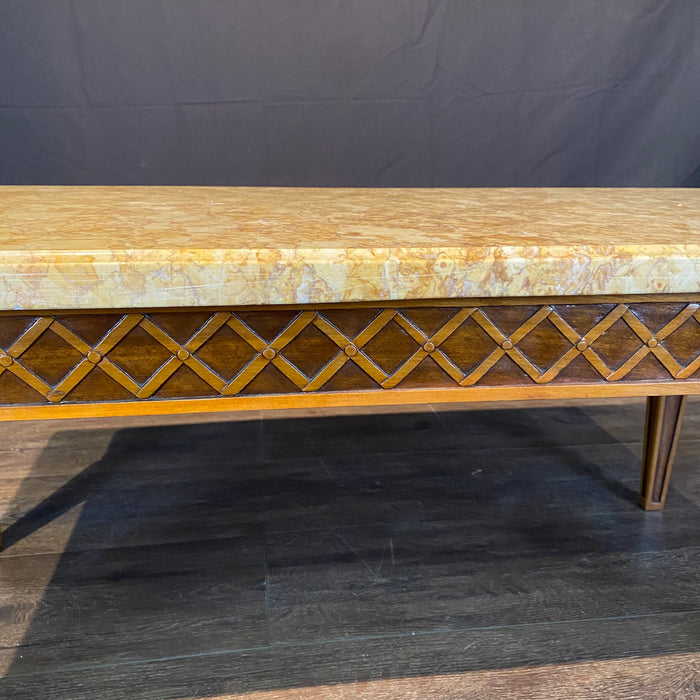 French Louis XVI Style Coffee Table with Marble Top and Geometric Lattice Motif Carving