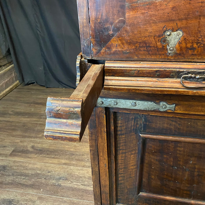 18th Century Spanish Baroque Walnut Bargueno or Vargueno Fall-Front Writing Desk Cabinet Spanish Cabinet "Bargueño" or Vargueno on Stand, Original Wrought Iron and Keys