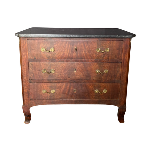 French Early 19th Century Louis XV Marble Top Period Burled Walnut Petite Commode or Chest of Drawers with Exquisite Original Hardware