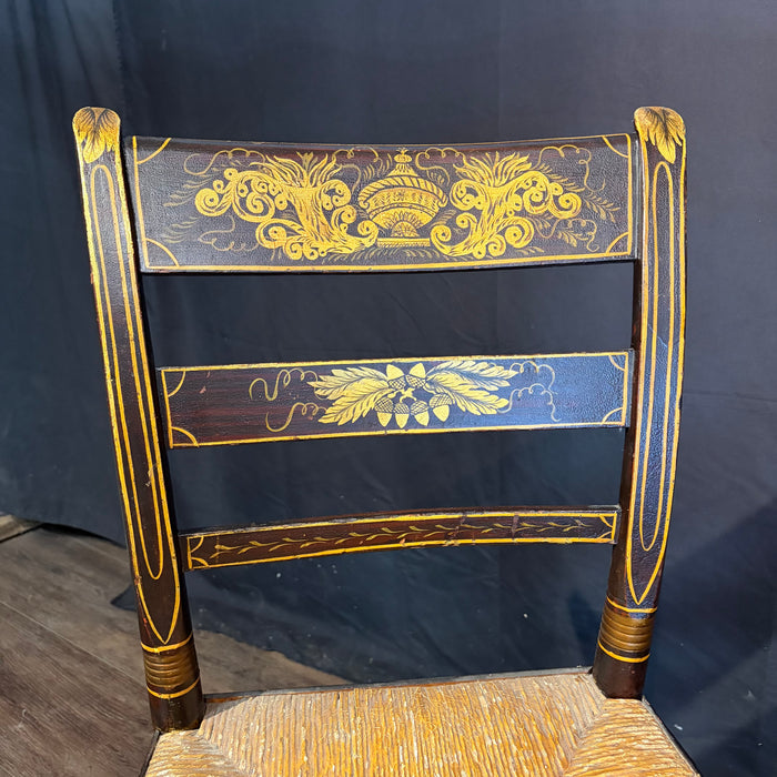 Early 19th Century American Painted Hitchcock-Style Side Chairs with Rush Seats and Gilt Stenciling