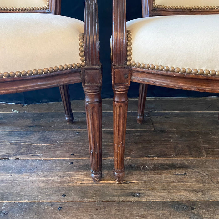 French Pair Louis XVI Carved Mahogany Fauteuil Arm Chairs