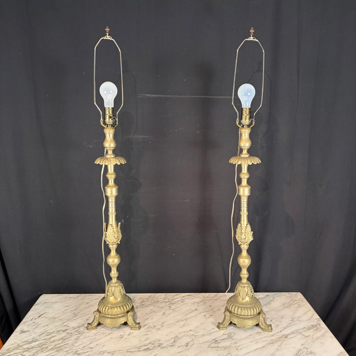 Pair of Tall Antique French Gilt Metal Church Altar Candlestick Table Lamps