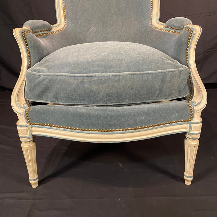 Pair of Antique French Louis XVI Armchairs or Bergere Chairs in Original White Paint and Blue Mohair Upholstery