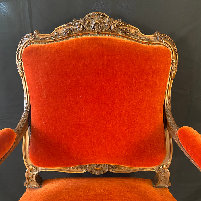 Pair of French Louis XV Intricately Carved Armchairs, Fauteuils or Parlor or Lounge Chairs with Original Fabulous Vermilion Red Mohair