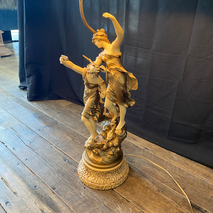 French Large Art Nouveau Figural Table Lamp Signed Auguste Moreau