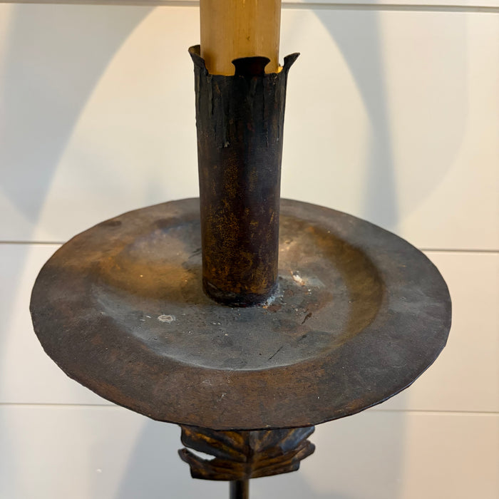 Antique French Baroque Revival Gilt Metal Floor Lamp with Wrought Iron Scroll Base and Decorative Foliate Detail