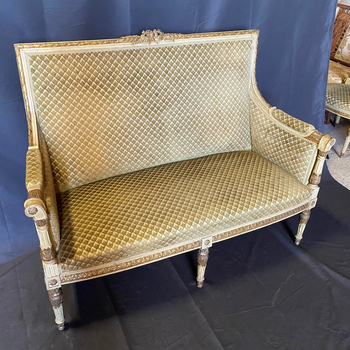 19th Century Fine French Louis XVI Carved Sofa, Loveseat or Canapé with Original Cream and Gold Gilt Paint