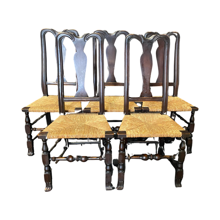 Set of Five Early Ebony Queen Anne Rush Seat Dining or Side Chairs