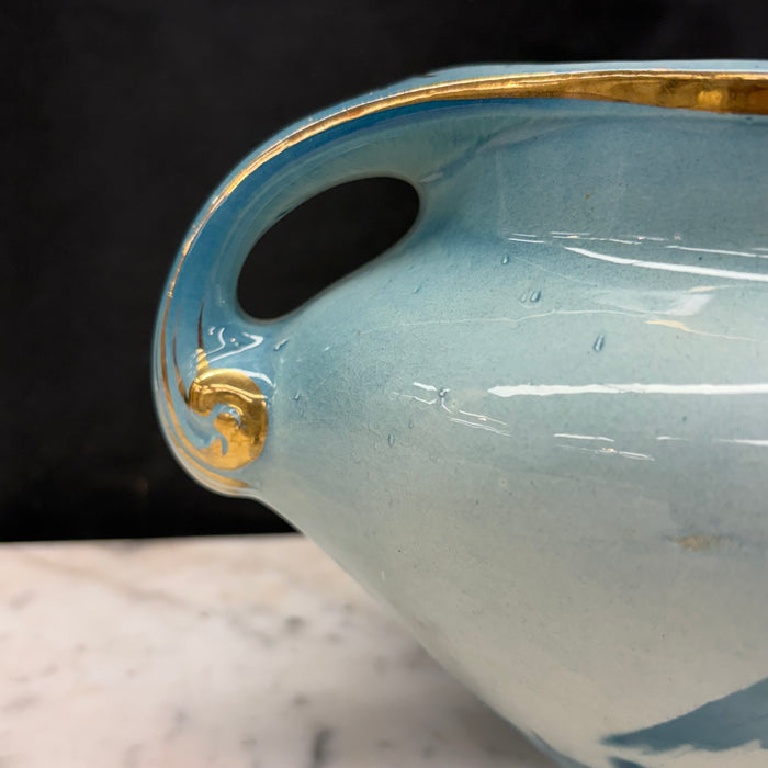 French Faience Three-Piece Vase and Jardinière Set with Swallows by Keller and Guerin