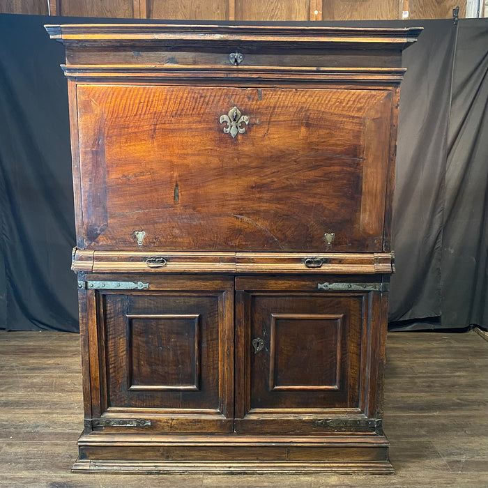 18th Century Spanish Baroque Walnut Bargueno or Vargueno Fall-Front Writing Desk Cabinet Spanish Cabinet "Bargueño" or Vargueno on Stand, Original Wrought Iron and Keys