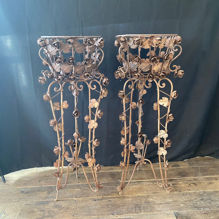 Pair of Antique French Iron Jardinieres or Plant Stands with Sculpted Roses, Leaves and Vines