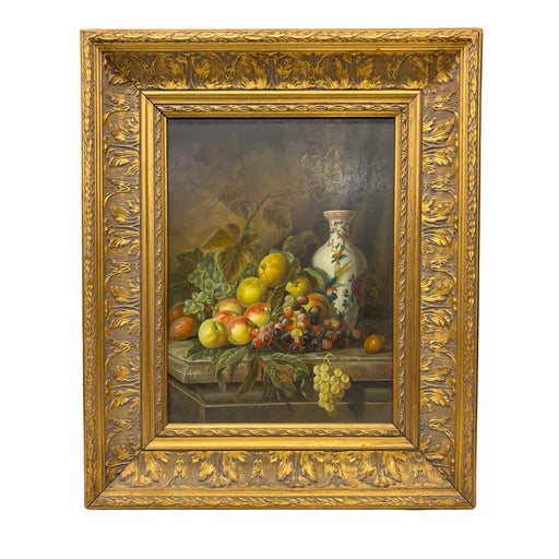 Still Life Oil Painting of Fruit and Porcelain Vase, Signed JB-Isabey, in Ornate Gilt Frame