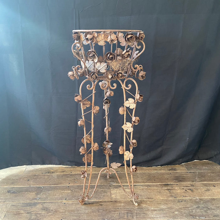 Pair of Antique French Iron Jardinieres or Plant Stands with Sculpted Roses, Leaves and Vines