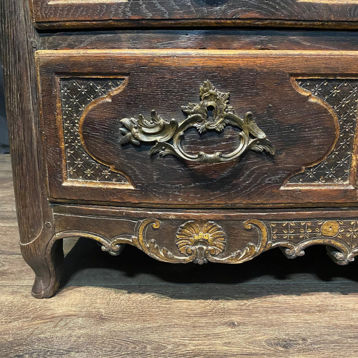 Early 19th Century French Louis XV Commode, Dresser or Chest of Drawers with Ebony Accents and Carved Drawer Front French Carved Louis XV Chest of Drawers