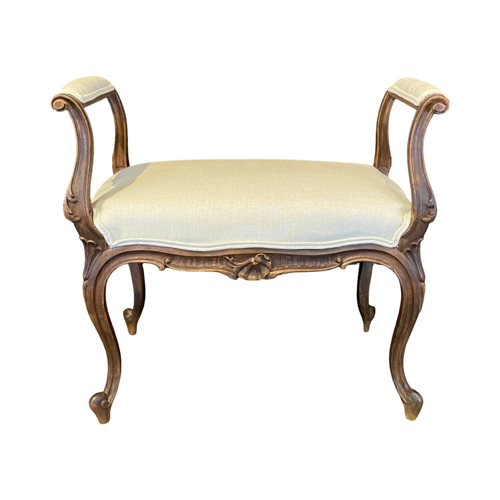 19th Century French Louis XV Carved Walnut Accent Bench, Vanity Seat or Ottoman with New Upholstery