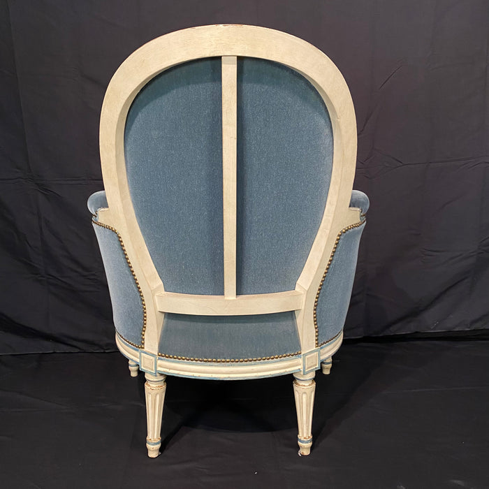 Pair of Antique French Louis XVI Armchairs or Bergere Chairs in Original White Paint and Blue Mohair Upholstery