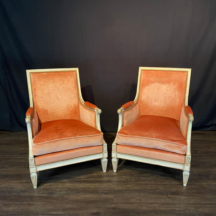 Pair of Antique French Louis XVI Painted Bergere Chairs or Armchairs with Original Mohair