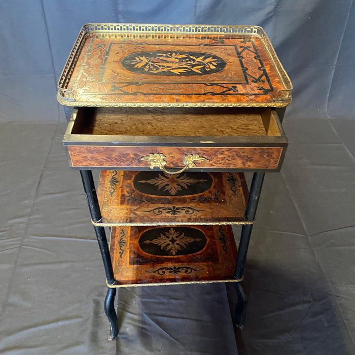 French Louis XVI Three-Tiered Marquetry Inlaid Etagere, Side Table or Accent Table