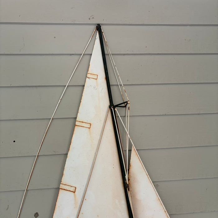 Large Vintage Metal Sailboat Yacht Wall Sculpture with Painted Hull and Wire Rigging